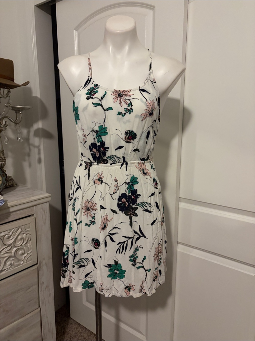 White Floral Summer Dress with Green and Pink Accents